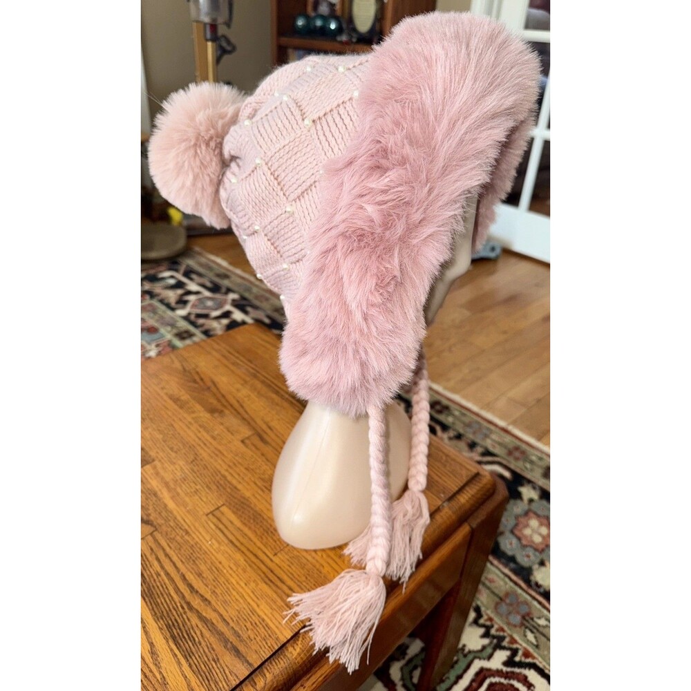 Beanie Pom Pom Hat  Braided Ties pink Multi